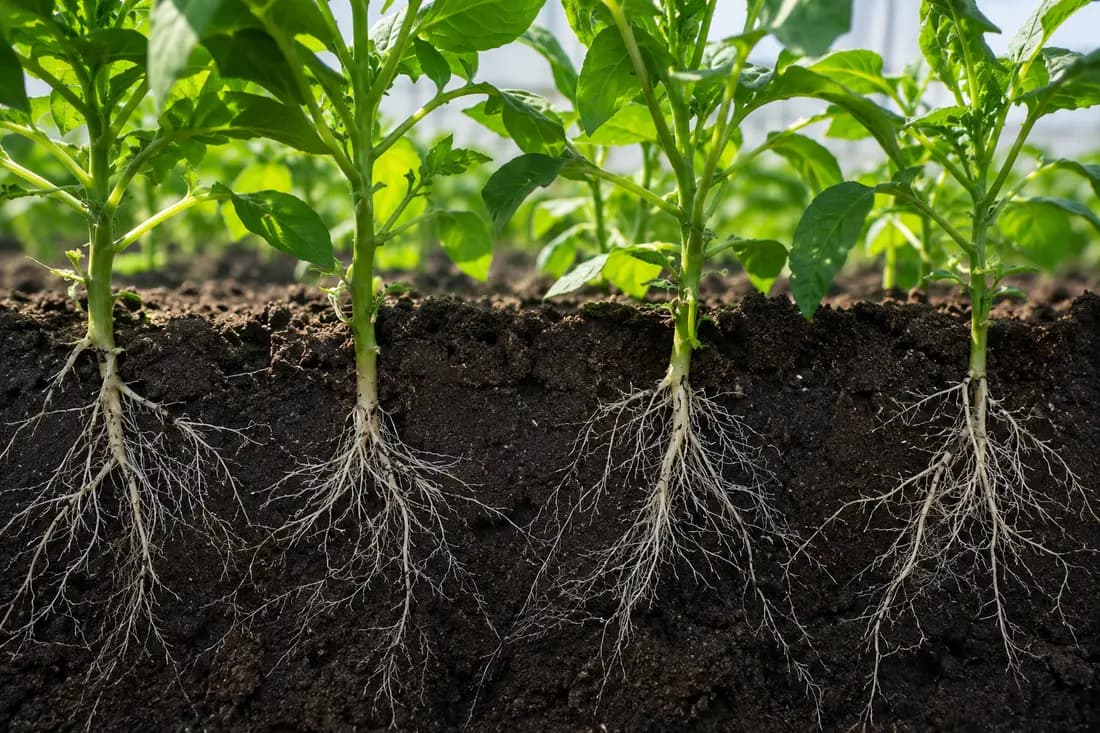 Cultivo de tomates en invernadero con plantas vigorosas y frutos en desarrollo