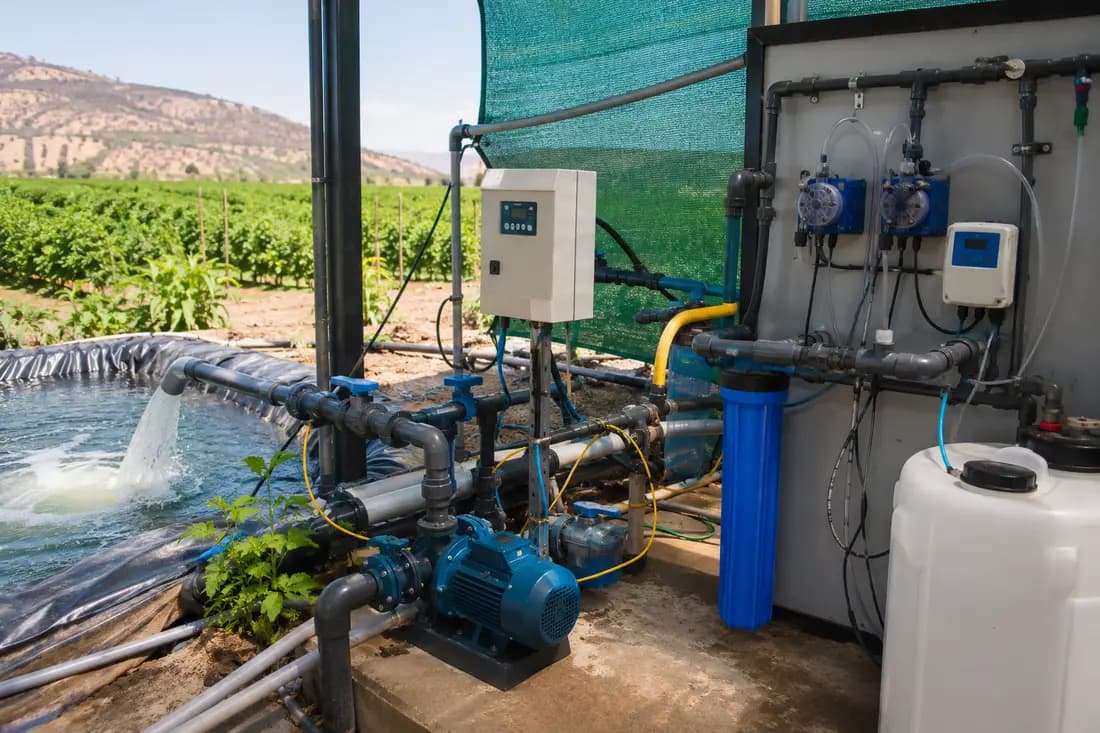 Sistema agrícola de tratamiento de agua con cañerías, bombas y dosificación